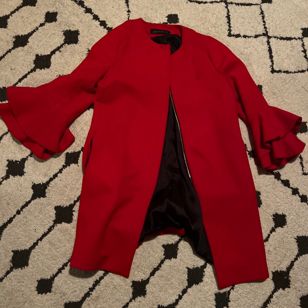 Red Zara Ruffle sleeved coat